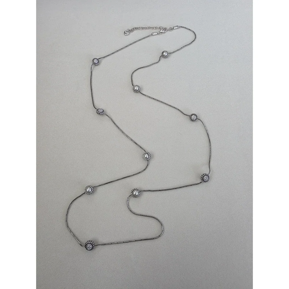 Vtg BRIGHTON Signed Faux Pearl Station Necklace Reversible Snake Chain 40